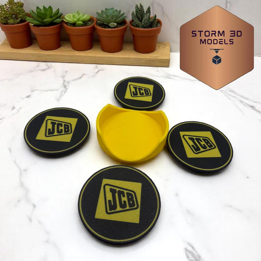 JCB Coaster Set Round – 3D Printed Farm-Themed Drink Coasters, Tractor Gift