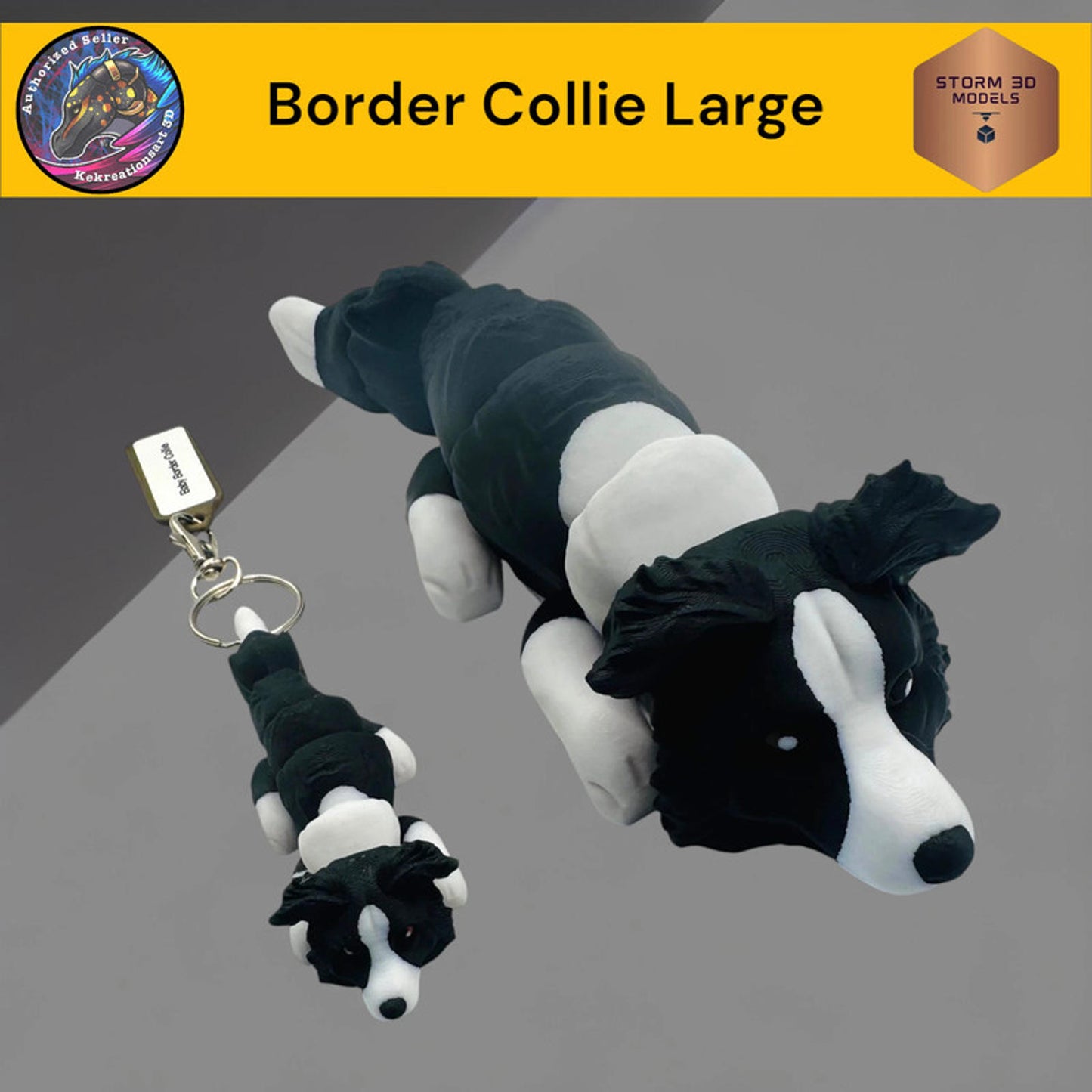 Large Border Collie plush toy with a keychain on a gray background