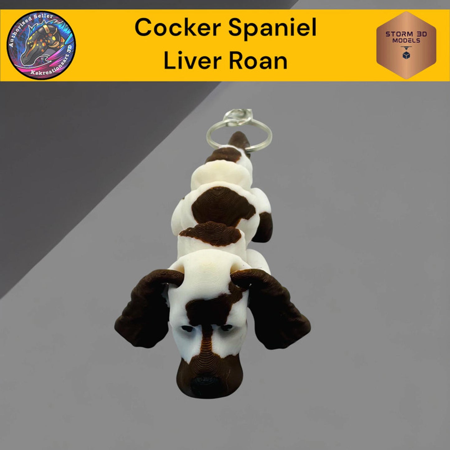 Plush dog toy shaped like a Cocker Spaniel with liver roan color on a gray background.