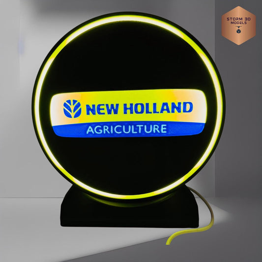 New Holland Inspired LED Lightbox – 3D Printed Tractor Logo Lamp, Farmhouse Décor, Gift for Farmers & Tractor Fans, standing type