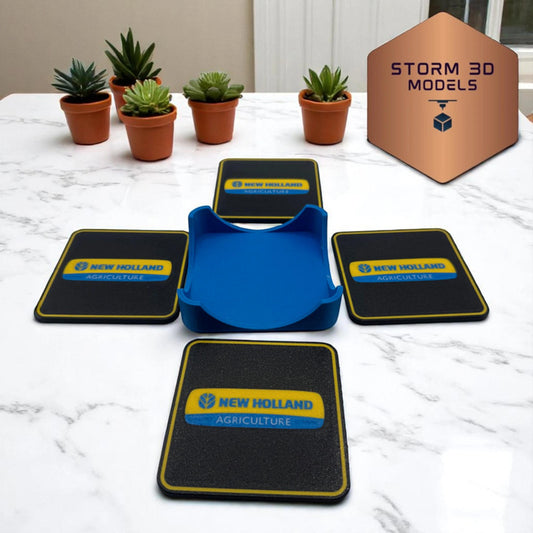 New Holland Square coaster set – 3d printed farm-themed drink coasters, tractor gift