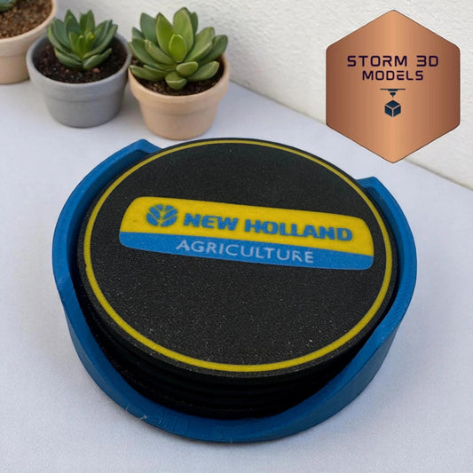 New Holland Round coaster set – 3d printed farm-themed drink coasters, tractor gift