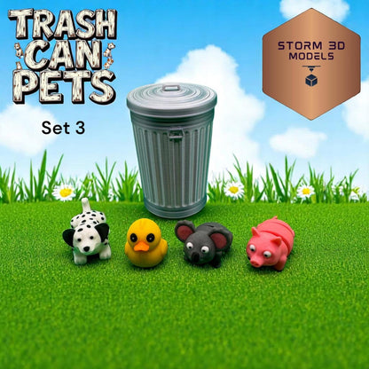 3D Printed Flexi Pets (4) in a Trash Can 3 – Cute Wiggly Animal Toy, Fidget Gift, Funny Collectible Desk Pet