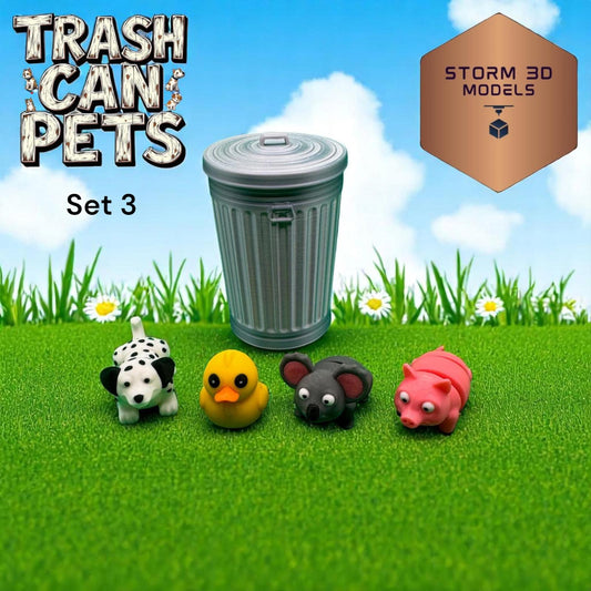3D Printed Flexi Pets (4) in a Trash Can 3 – Cute Wiggly Animal Toy, Fidget Gift, Funny Collectible Desk Pet