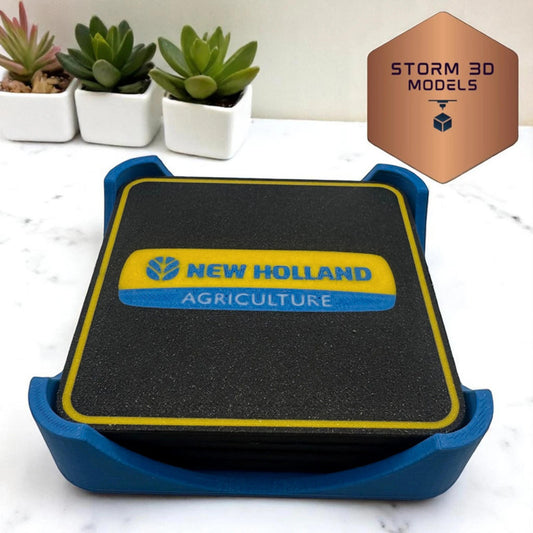 New Holland Square coaster set – 3d printed farm-themed drink coasters, tractor gift