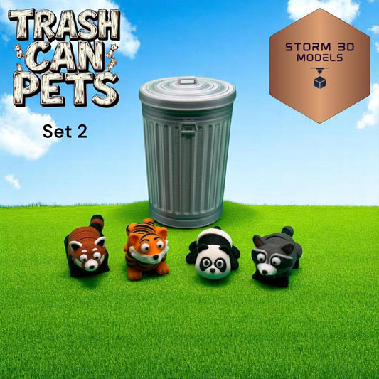3D Printed Flexi Pets (4) in a Trash Can 2 – Cute Wiggly Animal Toy, Fidget Gift, Funny Collectible Desk Pet