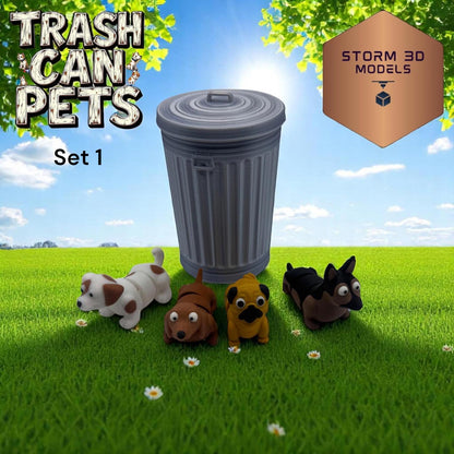 3D Printed Flexi Pets (4) in a Trash Can 1 – Cute Wiggly Animal Toy, Fidget Gift, Funny Collectible Desk Pet