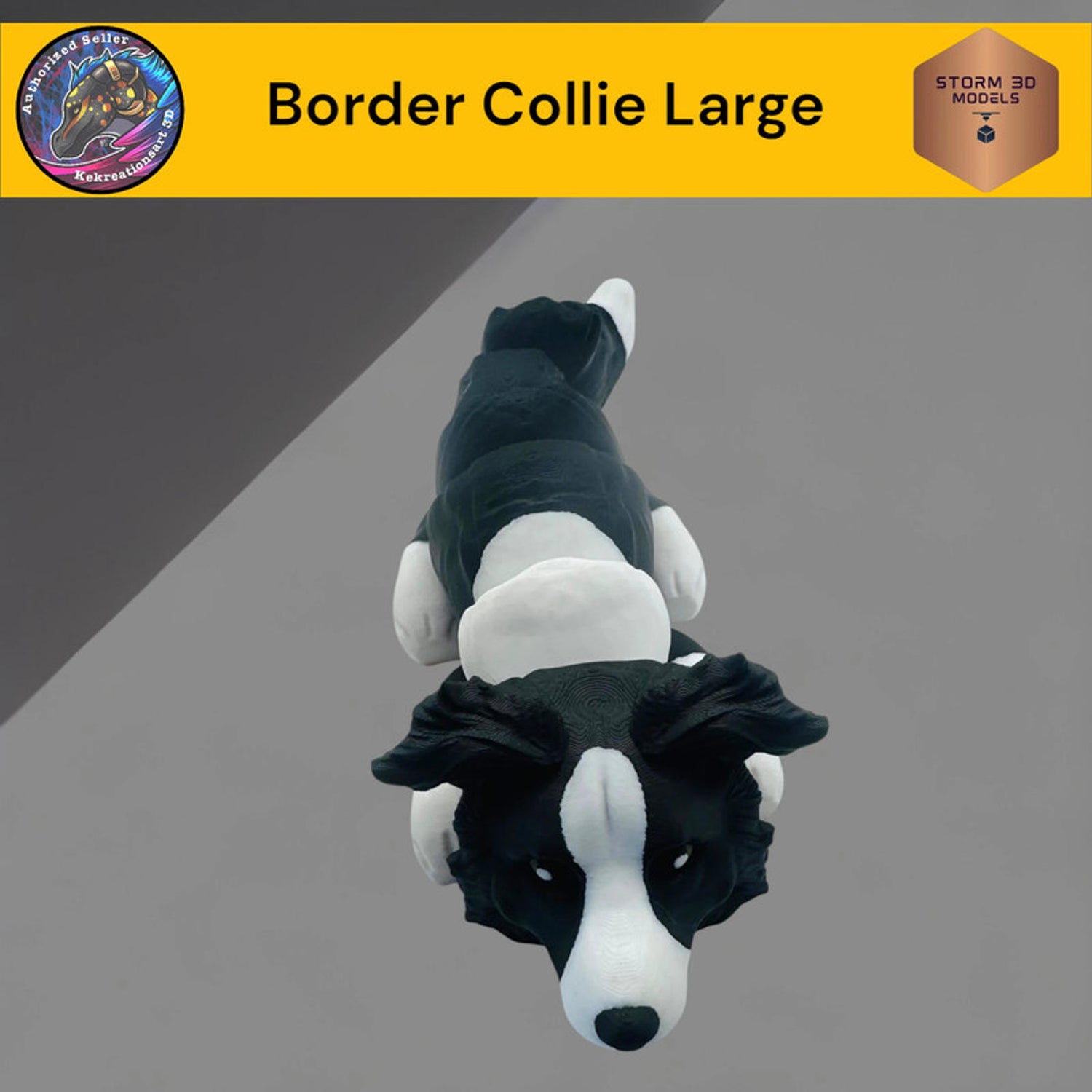 Large Border Collie toy on a gray background with 'Storm 3D Models' branding.