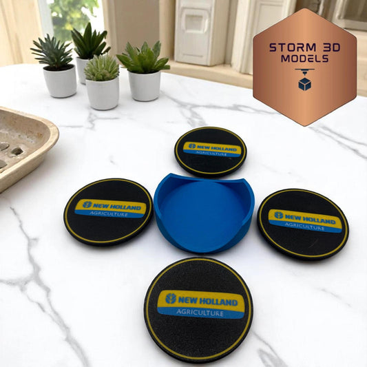 New Holland Round coaster set – 3d printed farm-themed drink coasters, tractor gift