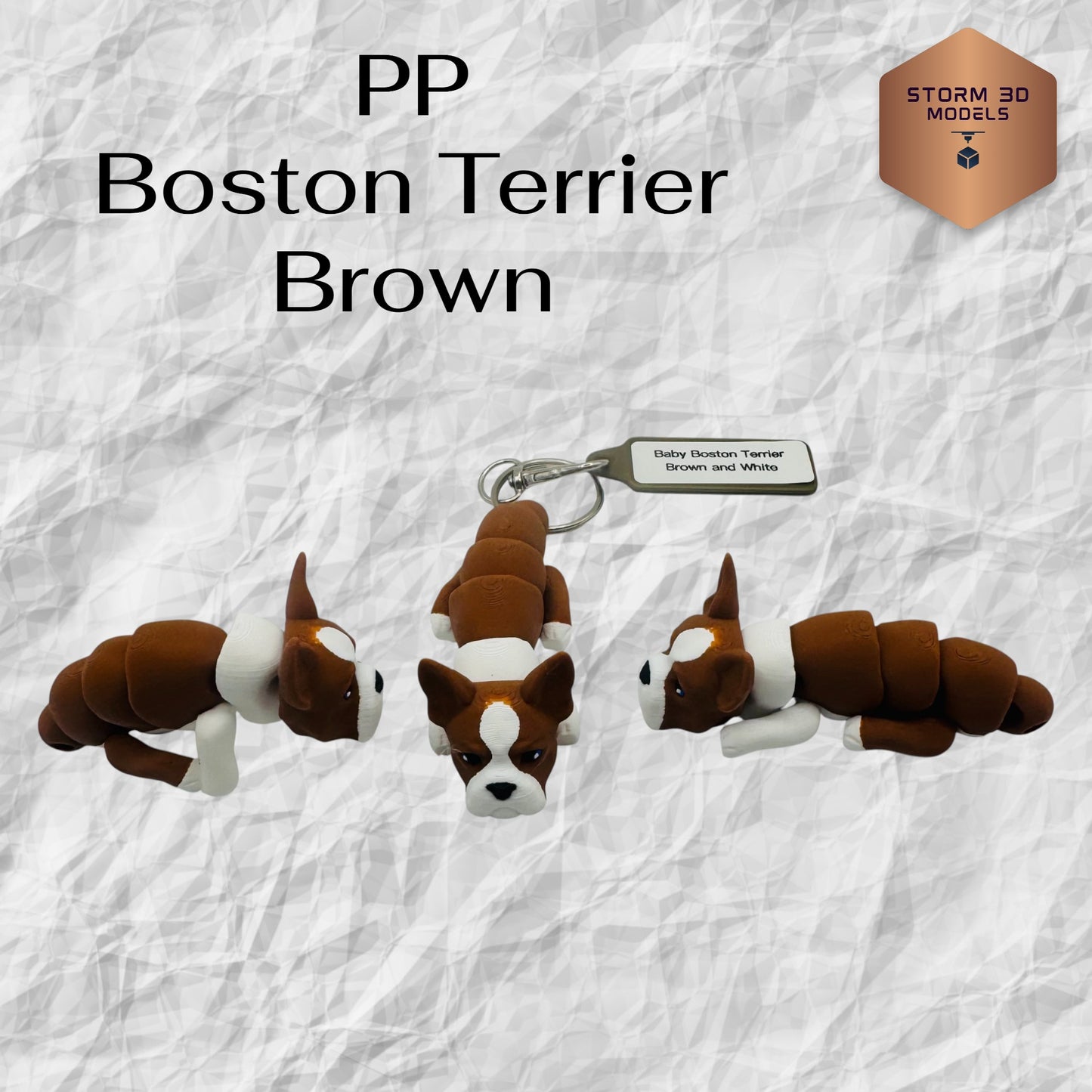 Baby Boston Terrier Brown Flexi Dog Keychain – 3D Printed Articulated Puppy Keyring