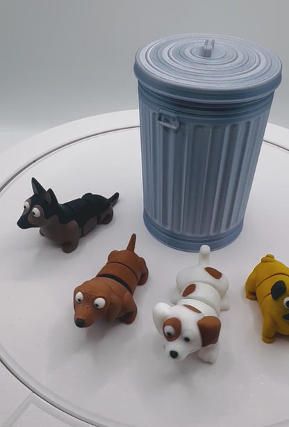 3D Printed Flexi Pets (4) in a Trash Can 1 – Cute Wiggly Animal Toy, Fidget Gift, Funny Collectible Desk Pet
