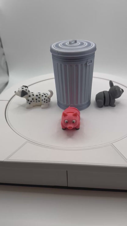 3D Printed Flexi Pets (4) in a Trash Can 3 – Cute Wiggly Animal Toy, Fidget Gift, Funny Collectible Desk Pet
